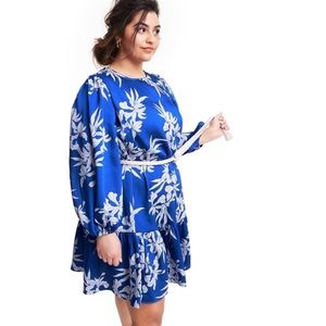 Plus Size Floral Long Sleeve Robe Belt Tiered Mini